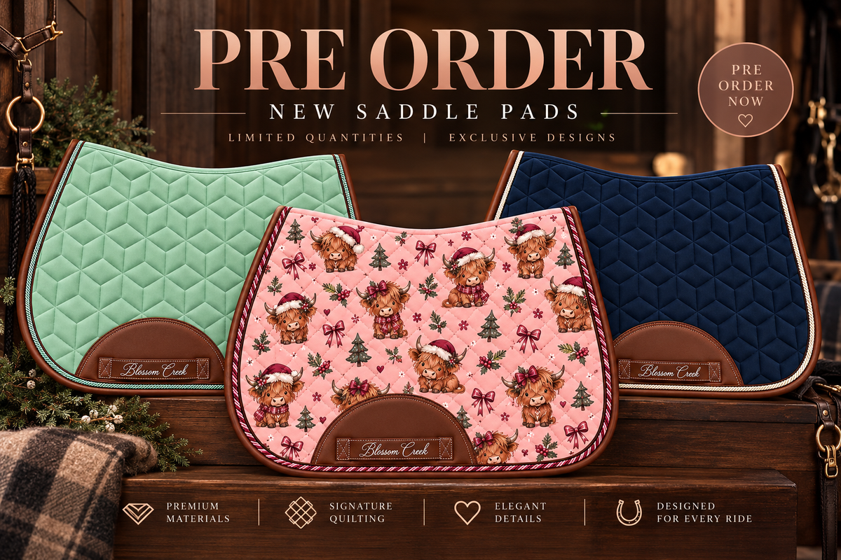 Highland Holiday saddle pad with pink Highland cow Christmas print