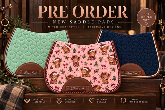 Highland Holiday saddle pad with pink Highland cow Christmas print